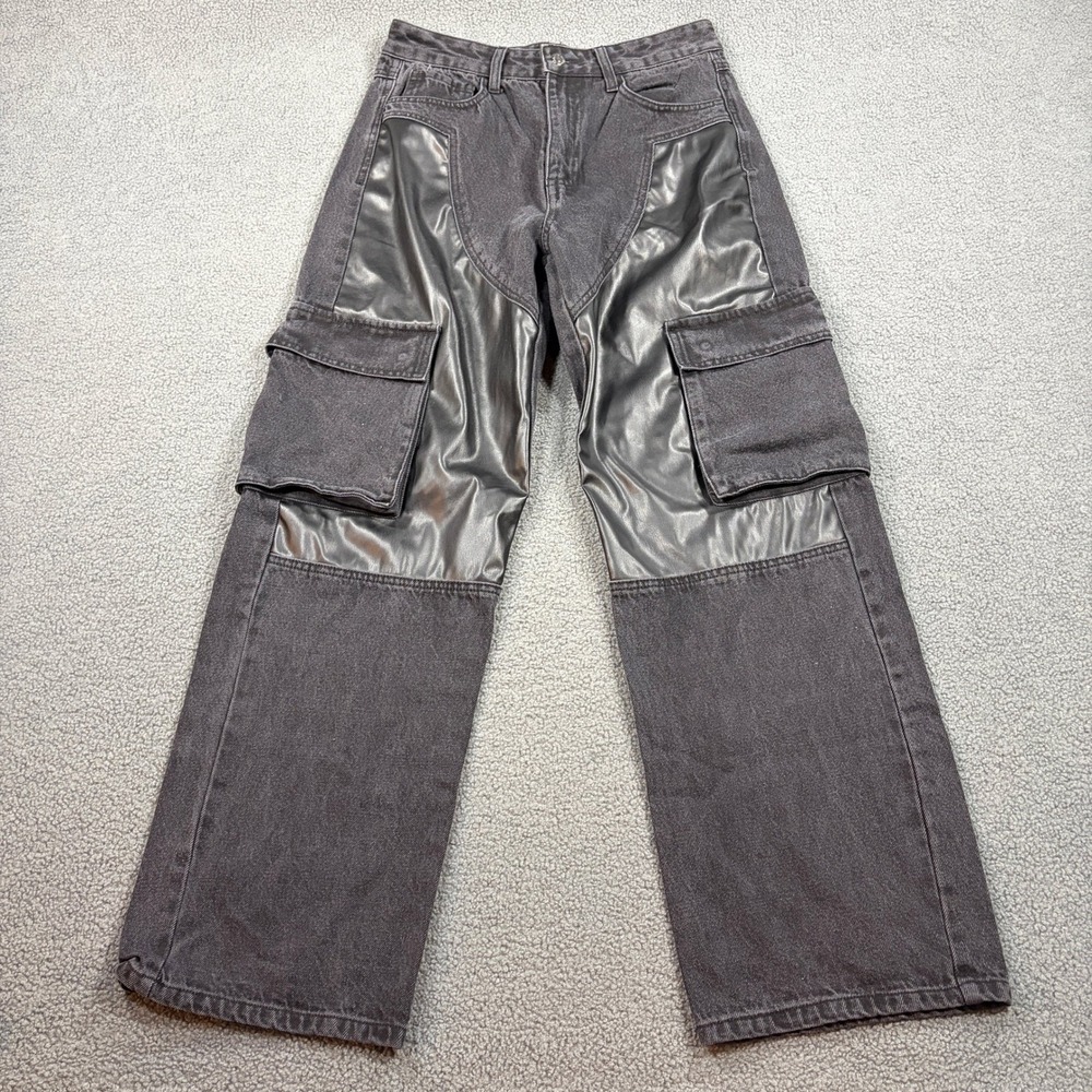 Forever 21 Cargo Pants Womens 28 Black Faux Leather Patch Mixed Media Wide Leg